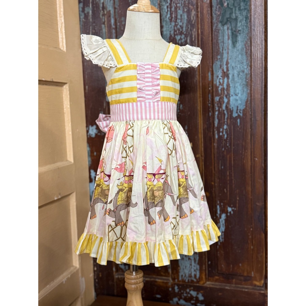 Sweet Honey Girls Circus Elephant Dress Yellow Pink Striped Ruffle Lace 4/4T NWT